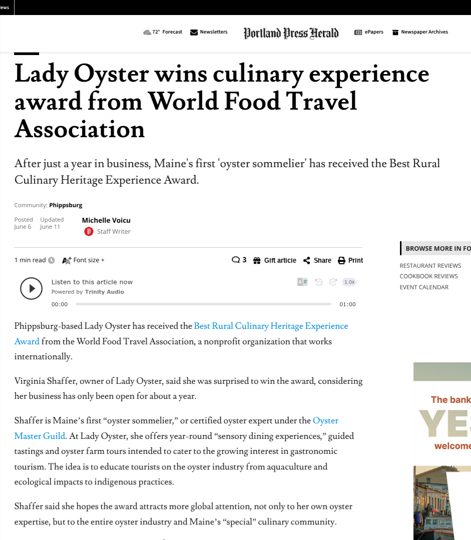 Lady Oyster wins culinary experience award from World Food Travel Association