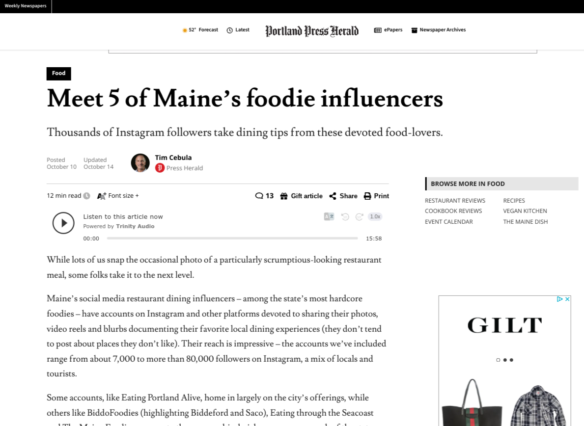 Lady Oyster Featured in "Meet five of Maine's foodie influencers" Article of Portland Press Herald