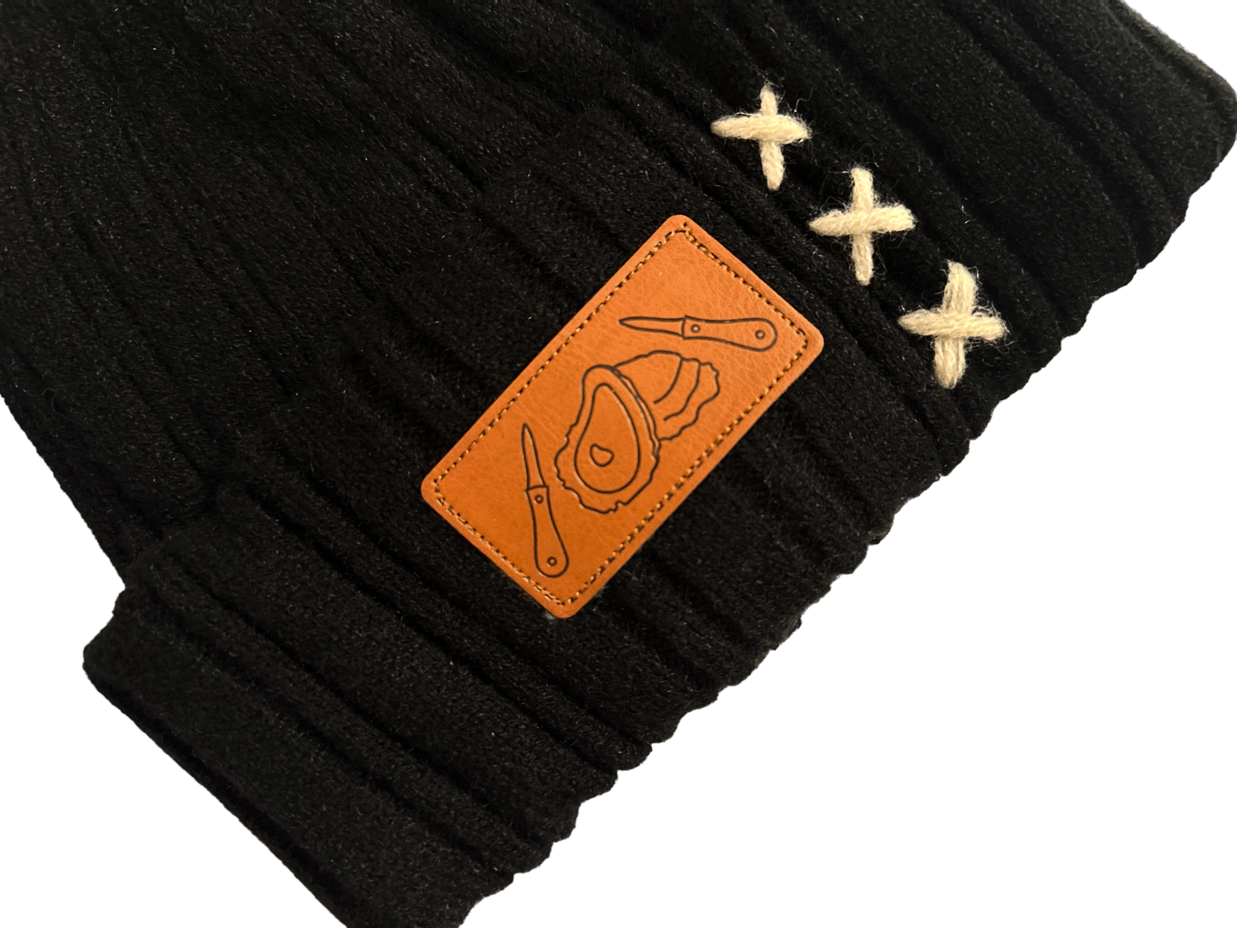 Black Wool Oyster and Knife Beanie w/ Leather Patch