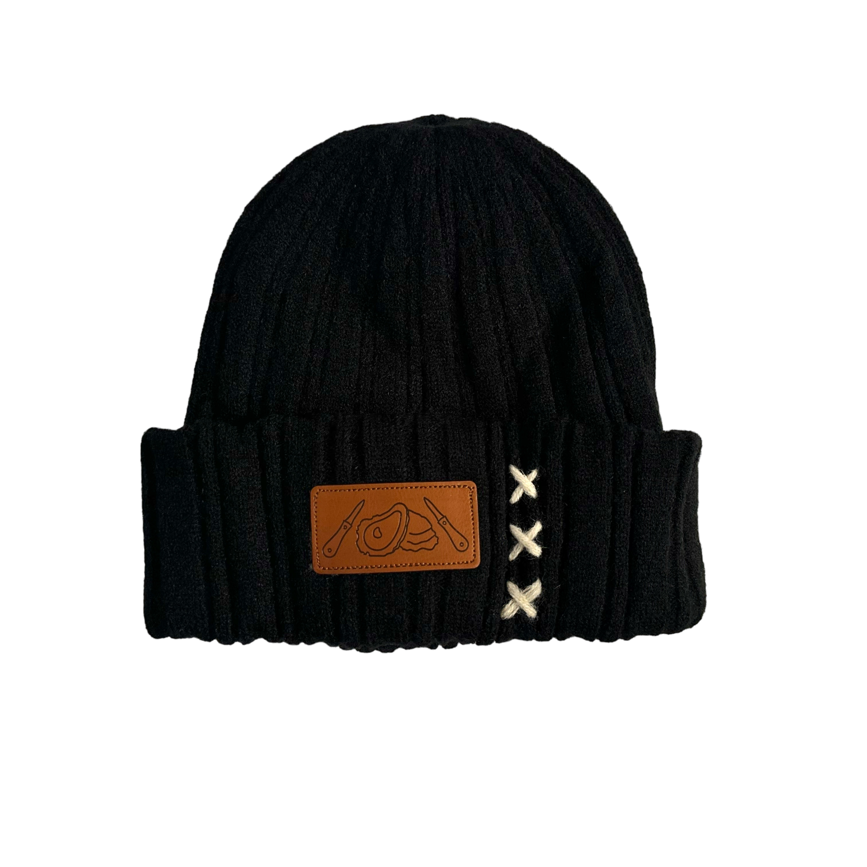 Black Wool Oyster and Knife Beanie w/ Leather Patch