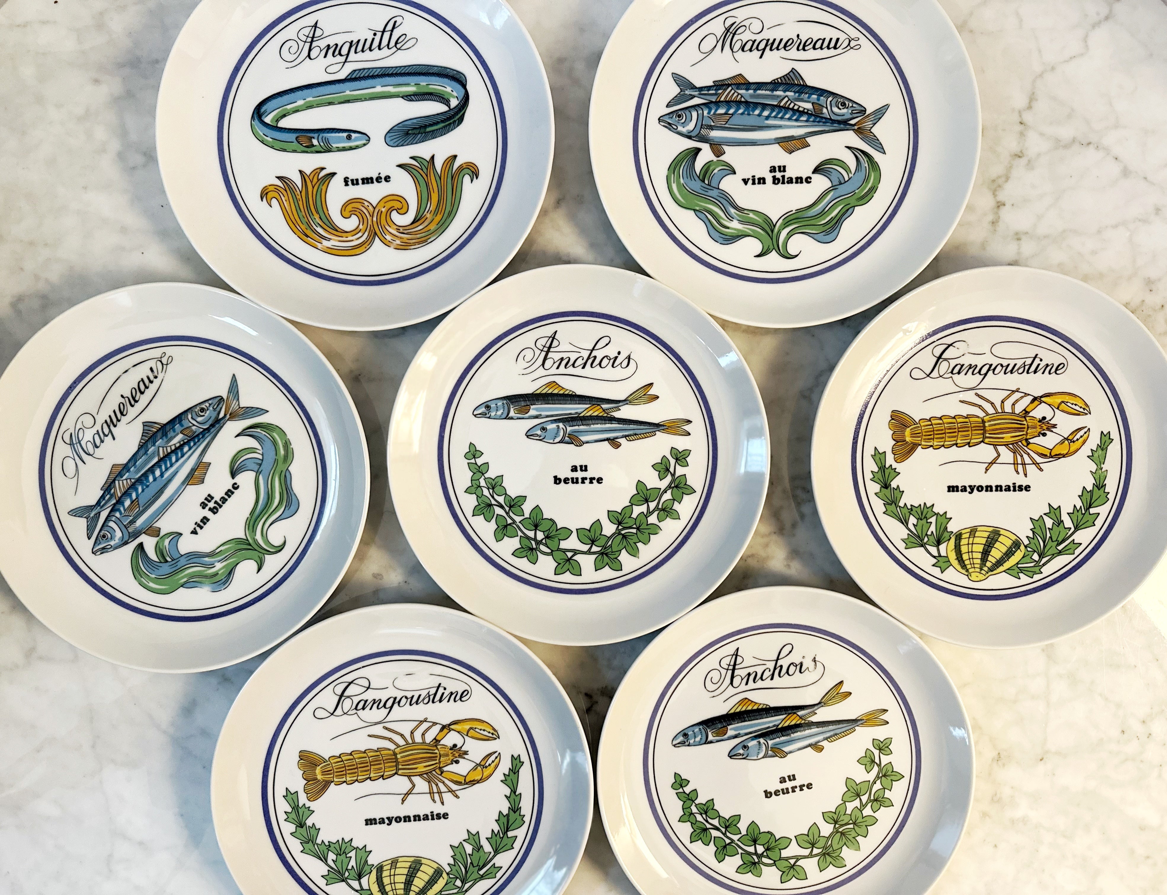 Vintage Japanese Porcelain Plates, French-Inspired Seafood Themes (Set of 7)