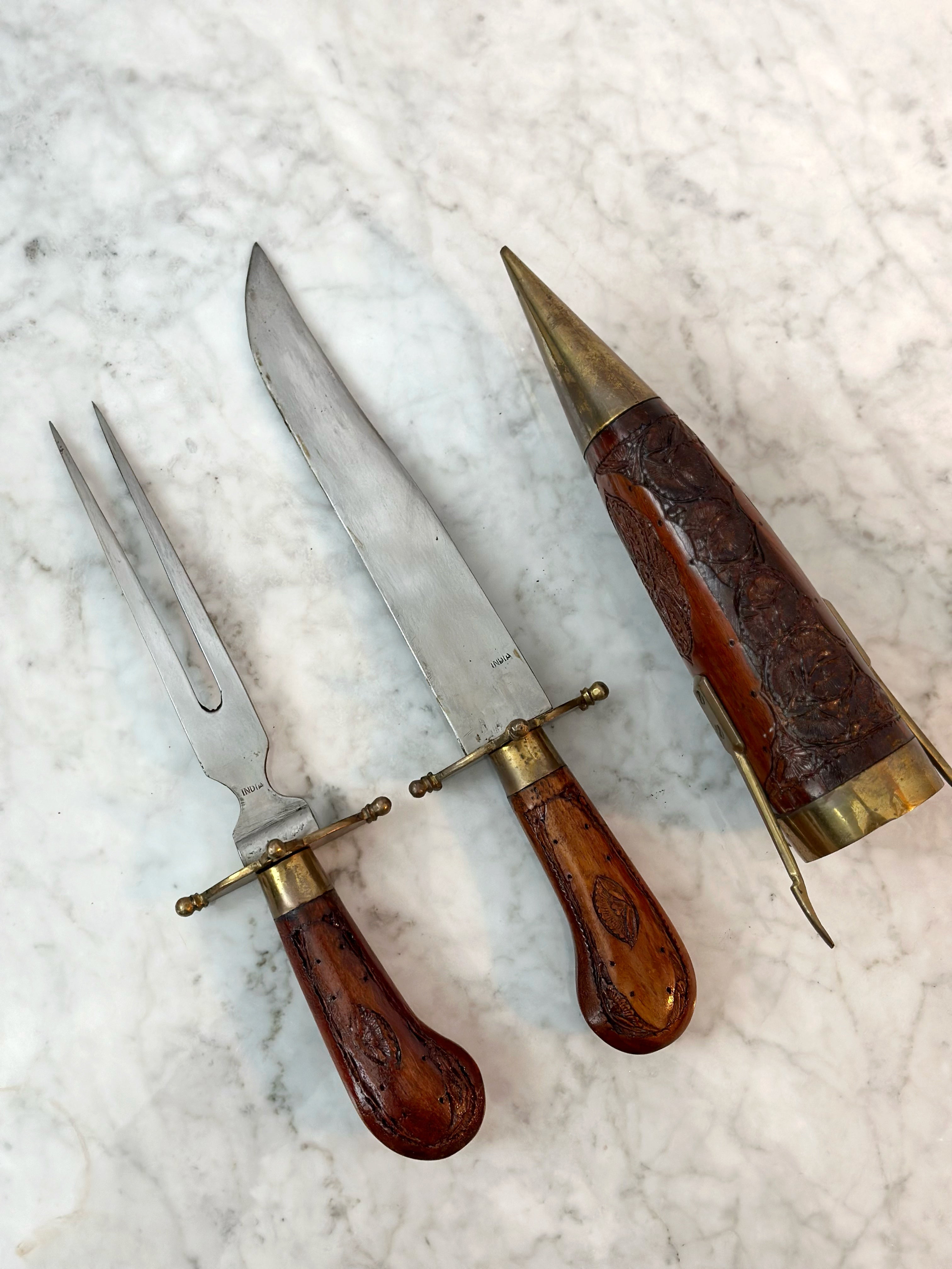 Antique Indian Carving Knife Set with Hand-carved Wood & Brass Sheath