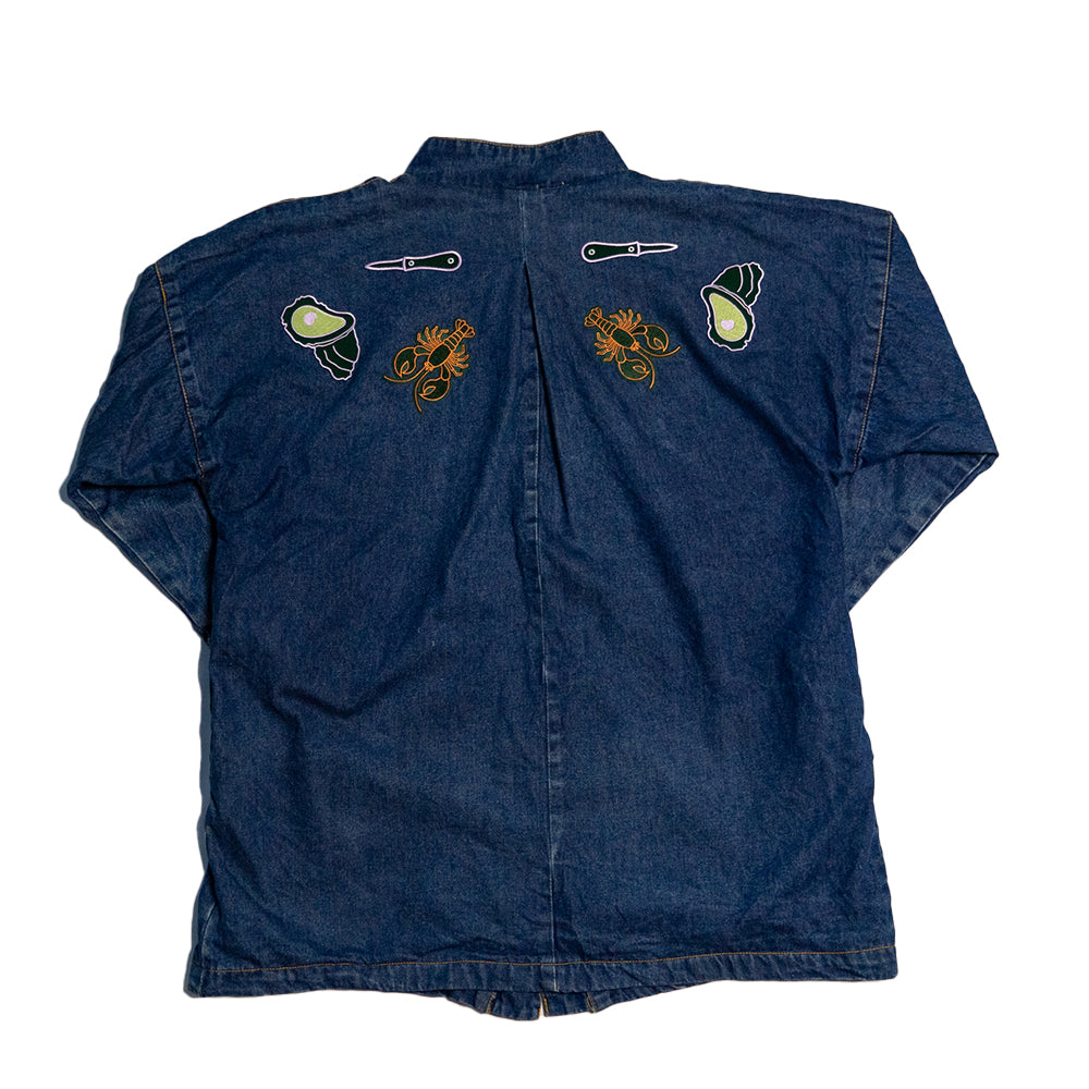 Upcycled Vintage Denim Jacket | Designed with Lobster, Oysters, Knives (Women's XXL)