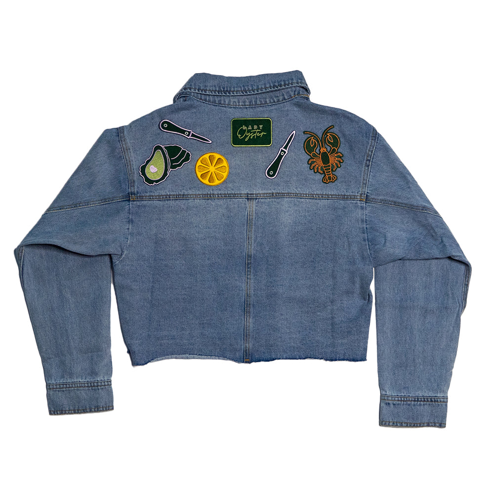 Upcycled Denim Crop Jacket | Designed with Oyster, Lemon, and Knife Patches (Women's M)