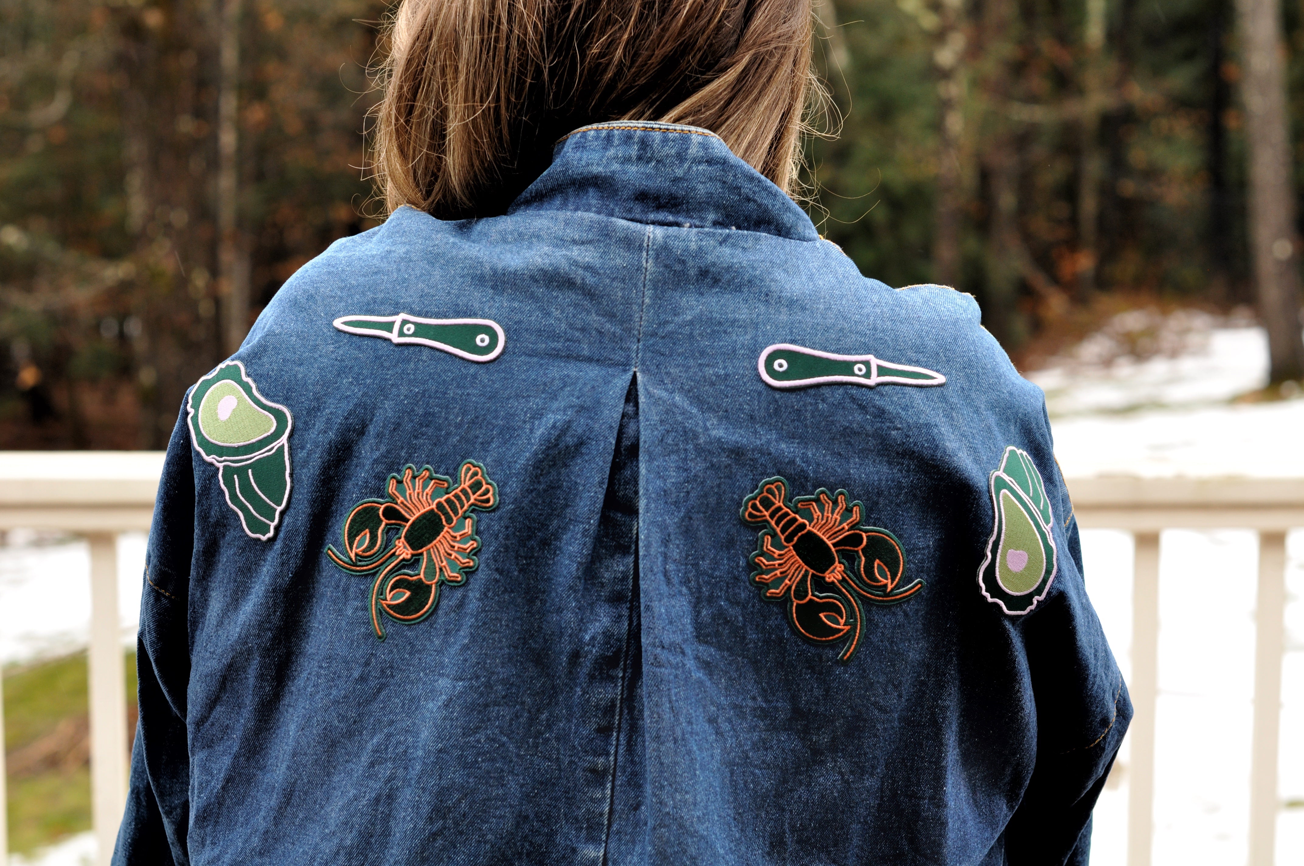 Upcycled Vintage Denim Jacket | Designed with Lobster, Oysters, Knives (Women's XXL)