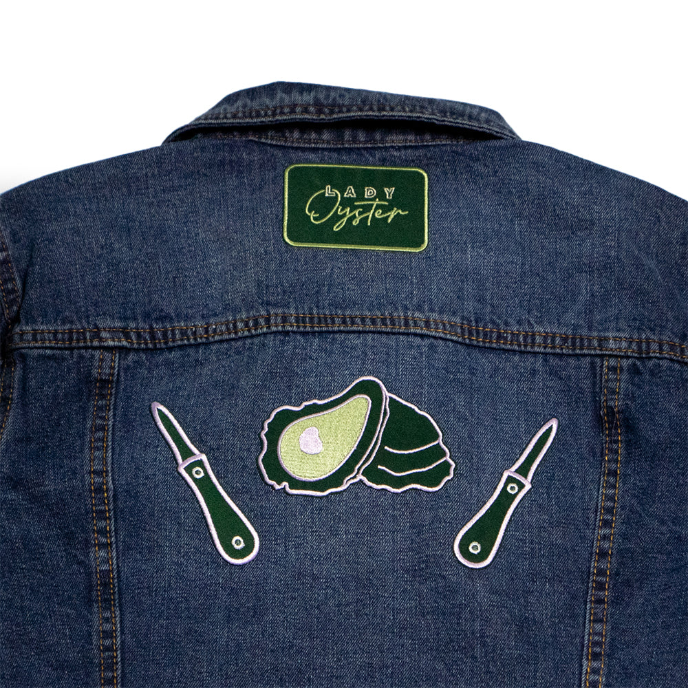 Upcycled Denim Jacket | Designed with Oyster and Knife Patches (Women's M)