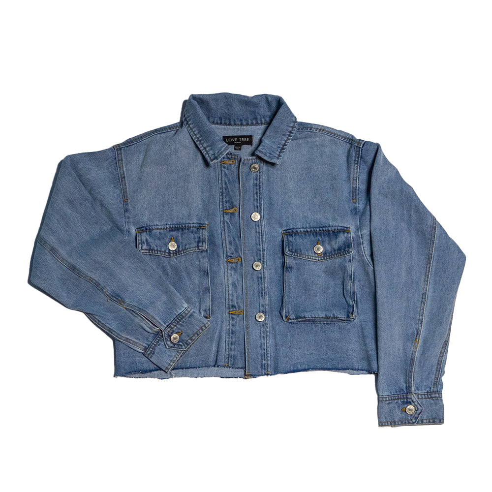 Upcycled Denim Crop Jacket | Designed with Oyster, Lemon, and Knife Patches (Women's M)